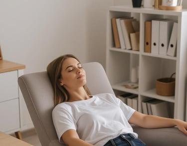 a woman sitting in a chair with her eyes closed