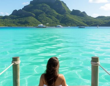 a woman sitting on a dock with a mountain in the background