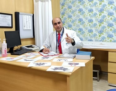 Dr. Prabal Frank Nandwani in OPD giving thumbs up, with Rorschach inkblot test cards & DSM-5 manual