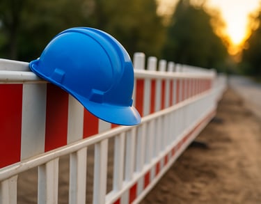 Schutzhelm an Baustellenabsperrung – UFT Bau GmbH Tiefbau Berlin
