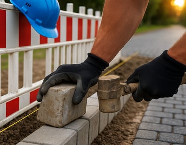 Arbeiter setzt Bordstein mit Hammer – UFT Bau GmbH Verkehrs­infrastruktur Berlin