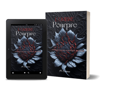 Mockup du livre "L'ombre pourpre", romantasy de Carine Henry, auteure.