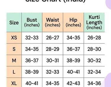 short kurti size chart