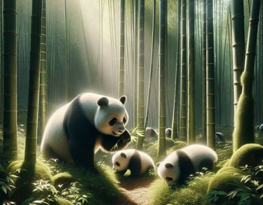 a panda bear and her cubs in a bamboo tree