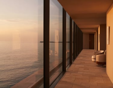 Luxury modern balcony with floor-to-ceiling windows overlooking a sunset ocean view.