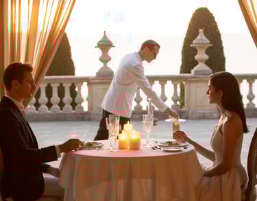 A couple enjoys a romantic candlelight dinner on a luxury terrace overlooking the ocean at sunset.