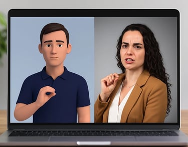 na tela de um notebook um avatar faz libras ao lado mulher cabelos cache dos faz o mesmo sinal