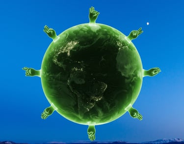 Planeta terra em verde com várias mãos fazendo sinais num céu azul