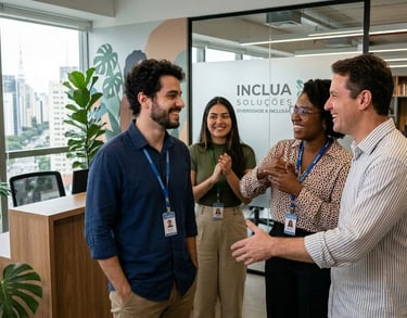 Onboarding de uma pessoa surda na empresa sendo recebido pela equipe do RH