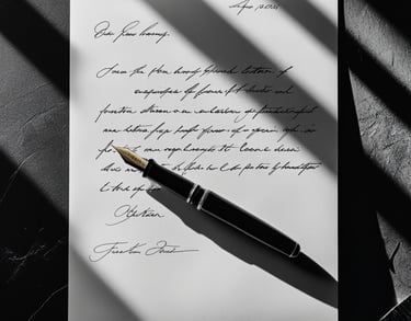A vintage fountain pen rests on a handwritten letter with elegant cursive calligraphy and dramatic shadows.