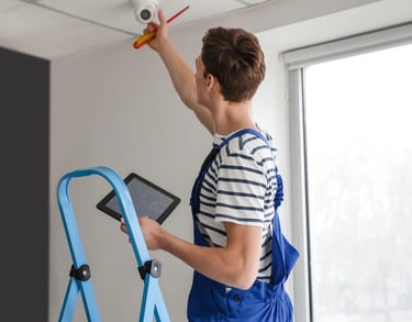 a man in overalls and overalls, a tablet computer and a tablet computer