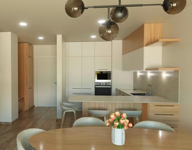 3d visualisation of U-shaped kitchen in white and light walnut decore