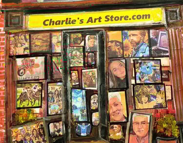 a painting of a painting of a man's face in front of a building