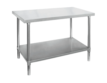 A heavy duty stainless steel table featuring a reinforced flat worktop and a solid bottom shelf for commercial storage.