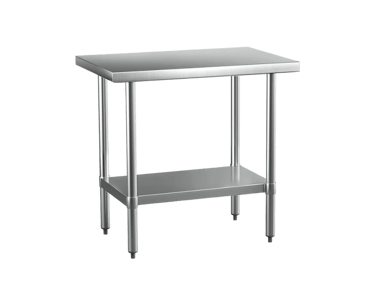 Compact prosumer stainless steel bench featuring a solid under shelf and adjustable bullet feet.