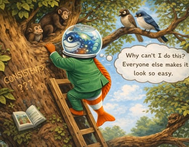 Surreal illustration of a fish in a suit climbing a ladder up a tree, symbolizing struggle and comparison.