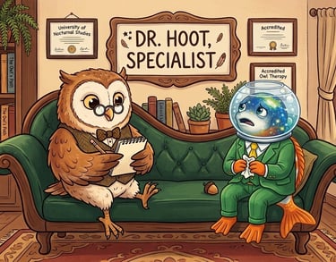 Whimsical illustration of an owl therapist taking notes during a session with a fish in a suit.