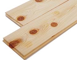 Knotty hinoki tongue and groove planks for interior wood flooring and wall paneling.