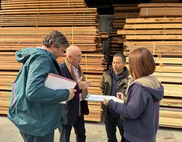 Four people discussing business while standing in front of stacked lumber at a wood processing yard.