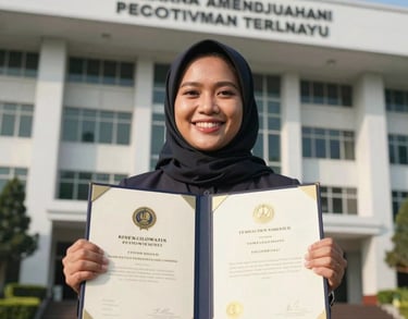 A smiling Southeast Asian woman holding her brand's trademark certificate outside a government office building in Jakarta. Sunlight, clear and triumphant atmosphere.