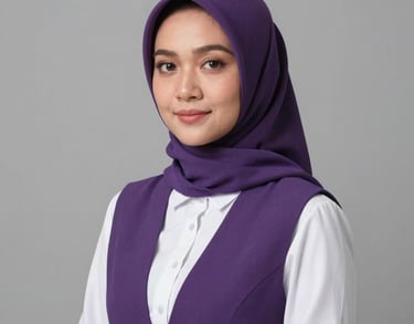 Professional studio portrait of a Southeast Asian woman wearing a hijab and a professional white shirt with a purple vest. Neutral light grey background.
