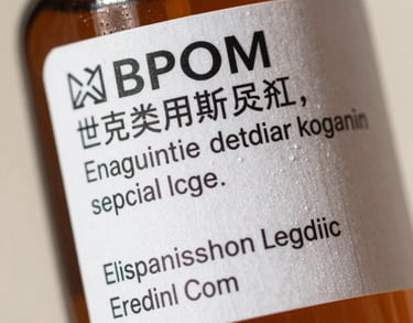 Macro shot of a high-quality product label on a skincare bottle with a clear BPOM registration number visible, symbolizing successful product legalisation.