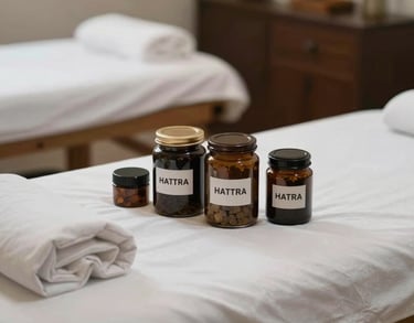 A close-up photograph of a professional traditional therapy room in Indonesia, showing clean, white-covered beds and organized herbal jars, reflecting standardized HATTRA practices.