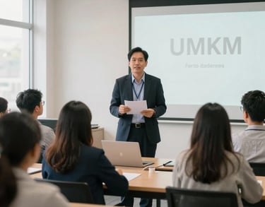 A professional Southeast Asian consultant presenting a legal seminar to a group of attentive UMKM owners in a bright, modern classroom. Soft lighting, professional vibe.