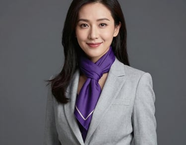 Professional studio portrait of a Southeast Asian woman in a smart casual light grey blazer with a purple scarf. Friendly and approachable expression. Neutral background.