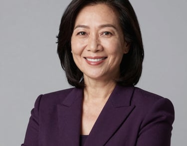 Professional studio portrait of a Southeast Asian woman in her 40s wearing a dark purple blazer, looking confident and smiling warmly. Neutral light grey background.