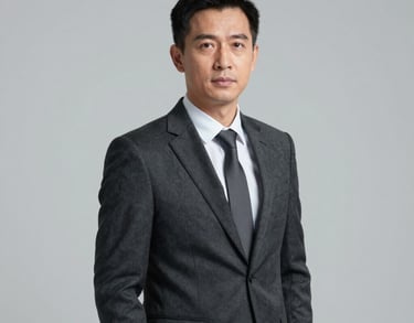 Professional studio portrait of a Southeast Asian man in a dark charcoal suit, looking authoritative yet helpful. Neutral light grey background.