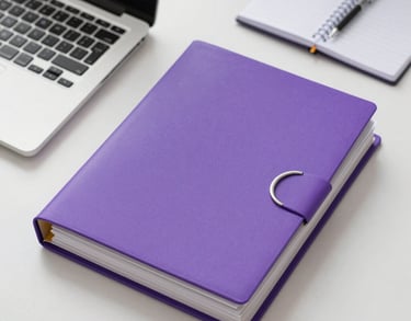 Top-down view of a clean desk with a laptop, a notebook, and a stack of neatly organized legal folders in purple and white colors. Professional aesthetic.