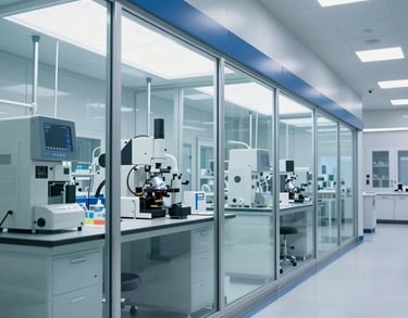A sterile, futuristic laboratory hallway with large glass panels overlooking specialized research equipment, steel blue accents, bright international clinical style.