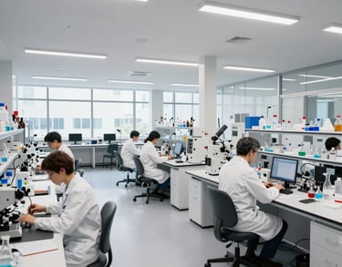 A wide angle shot of a modern, open-concept biotech research lab with scientists working at workstations, bright and airy international office architecture.