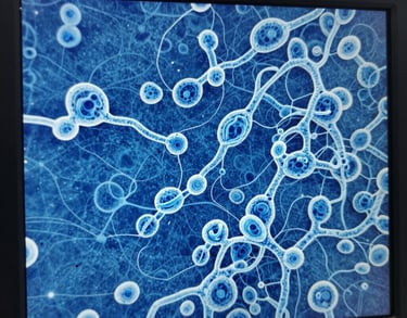 Close-up of a high-resolution microscopic imaging screen displaying complex cellular structures in vibrant steel blue and light blue tones, scientific research environment.