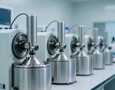 An array of high-precision centrifuges in a clean, brightly lit modern molecular biology laboratory, cool white and light blue lighting.