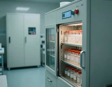 A specialized climate-controlled storage room for biological samples, featuring high-tech industrial design and soft teal lighting.