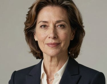 Professional studio headshot of a mature North American woman in elegant professional clothing. She has a warm, authoritative expression. Soft natural lighting.