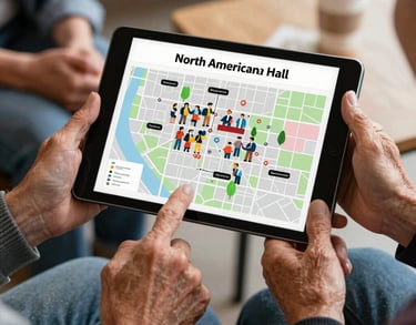 A close-up shot of hands from different generations holding a tablet showing a community map. The setting is a North American town hall, symbolizing civic engagement and leadership.