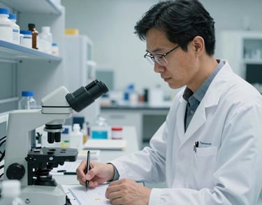 A professional image of a North American researcher in a light-filled lab, working on community health data. The setting is modern and high-tech, using soft blue and white colors to project trust and expertise.