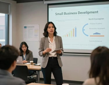 A scene showing a North American female entrepreneur presenting her business plan in a modern incubator space. The composition is dynamic and focuses on empowerment and small business development.