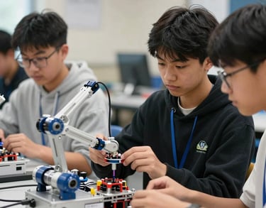 An inspiring image of high school students in a North American classroom using advanced robotics equipment. The lighting is bright and focused, highlighting innovation in education.