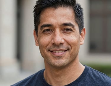 Professional headshot of a North American man with a friendly, intelligent expression. Natural outdoor lighting with a blurred architectural background.