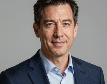 Professional headshot of a mid-40s North American man in a navy blazer. Clean background, sharp focus, projecting expertise and trust.