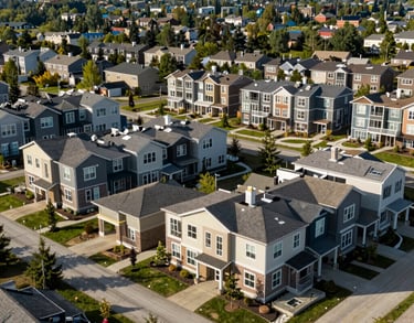 A wide landscape shot of a newly built, sustainable affordable housing complex in a North American suburb. The architecture is modern and integrates with nature, symbolizing long-term community stability.