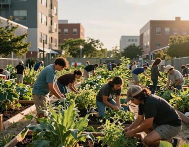 A powerful documentary-style photo of a North American urban community garden project. People are working together in a lush, green space between modern buildings. The lighting is golden hour sun, conveying hope and community strength.