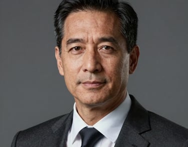 Professional studio headshot of a mature North American man in business attire, looking confident and approachable. Neutral gray background, soft studio lighting.