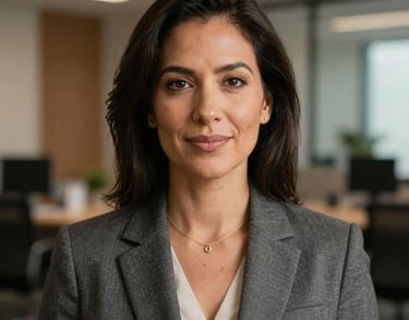 Professional headshot of a North American woman in a smart business suit. Warm and professional lighting, set against a modern office backdrop.