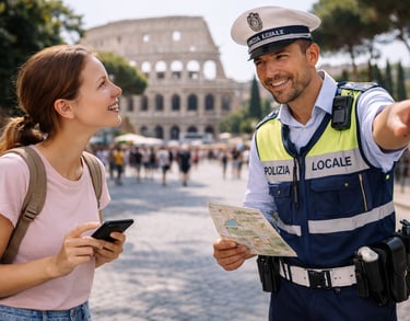 Une touriste demande son chemin à un agent de la police locale à Rome, devant le Colisée