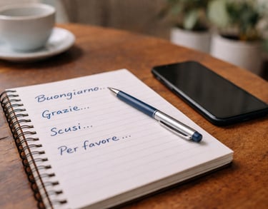 Carnet avec des phrases simples en italien et un téléphone pour débuter l’apprentissage de l’italien